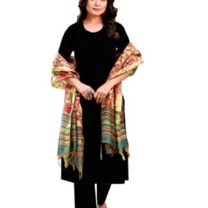 Women's Rayon Viscose Straight Solid Kurta with Pant & Dupatta, Black/Green