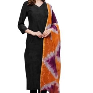 Women's Rayon Viscose Straight Solid Kurta with Pant & Dupatta, Black/Orange