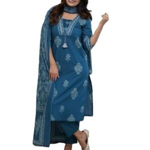 Women's Pure Cotton Printed with Handwork Kurta Set, Blue