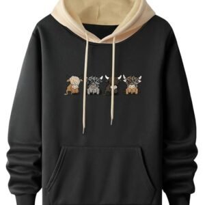 Men's Casual Woolen Hoodie with Cartoon Print, Black