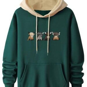 Men's Casual Woolen Hoodie with Cartoon Print, Green