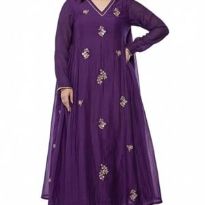 Women Embroidery Solid Anarkali Kurta and Pant Set with Dupatta, Purple