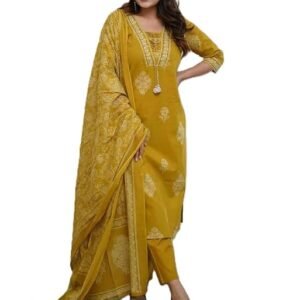 Women's Pure Cotton Printed with Handwork Kurta Set, Yellow