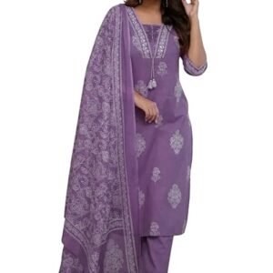 Women's Pure Cotton Printed with Handwork Kurta Set, Purple