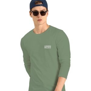 Men's Printed Round Neck Full Sleeve T-Shirt, Olive Green