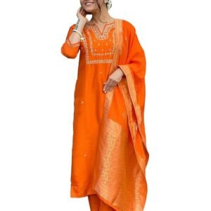 Women's Silk Blend Straight Embroidered Kurta with Pant & Dupatta, Orange