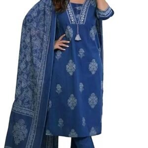 Women's Pure Cotton Printed with Handwork Kurta Set, Navy Blue