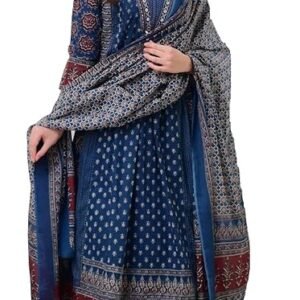 Women's Rayon Printed Anarkali Kurta and Pant with Dupatta Set, Teal Blue