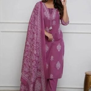 Women's Pure Cotton Printed with Handwork Kurta Set, Wine