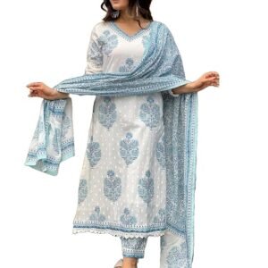 Women Cotton Block Printed Kurta Pant With Dupatta, White