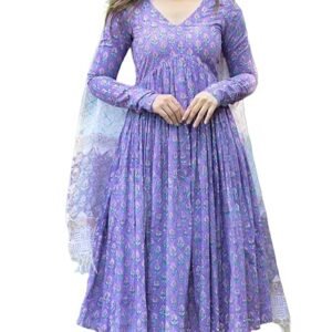 Women Printed Anarkali Kurta and Pant Set with Dupatta, Purple