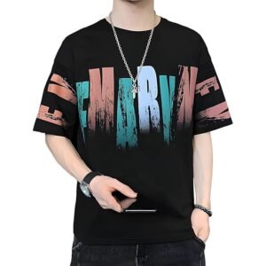 Men's Cotton Oversized Fit Casual Printed Round Neck T-Shirt, Black