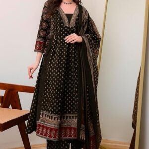 Women's Rayon Printed Anarkali Kurta and Pant with Dupatta Set, Black