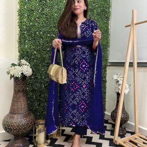 Women's Rayon Viscose Straight Bandhej Printed Kurta with Pant & Dupatta, Blue