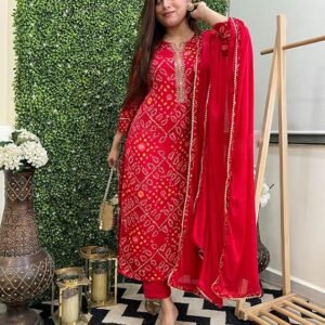 Women's Rayon Viscose Straight Bandhej Printed Kurta with Pant & Dupatta, Red