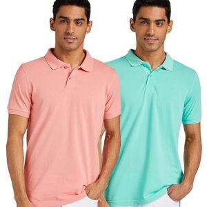 Men's Cotton Rich Solid Polo T-shirt Set of 2, Pink/Green