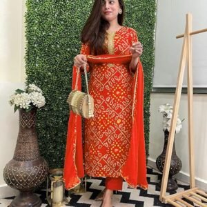 Women's Rayon Viscose Straight Bandhej Printed Kurta with Pant & Dupatta, Orange