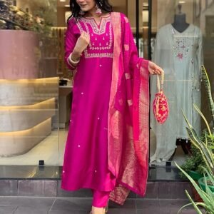 Women's Silk Blend Straight Embroidered Kurta with Pant & Dupatta, Pink