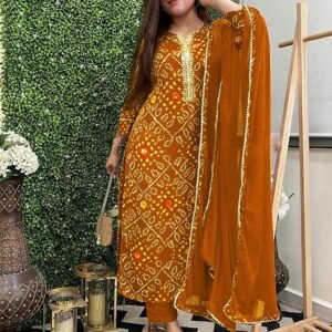 Women's Rayon Viscose Straight Bandhej Printed Kurta with Pant & Dupatta, Mustard