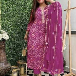 Women's Rayon Viscose Straight Bandhej Printed Kurta with Pant & Dupatta, Purple