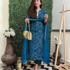 Women's Rayon Viscose Straight Bandhej Printed Kurta with Pant & Dupatta, Dark Blue