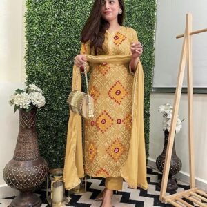 Women's Rayon Viscose Straight Bandhej Printed Kurta with Pant & Dupatta, Cream