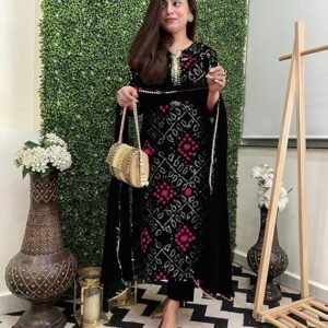 Women's Rayon Viscose Straight Bandhej Printed Kurta with Pant & Dupatta, Black